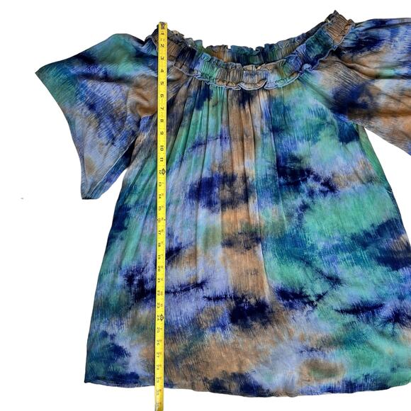 NEW Off Shoulder Tie Dye Dress Women Medium Tunic Blue Green Bell Sleeve Country - Picture 13 of 16